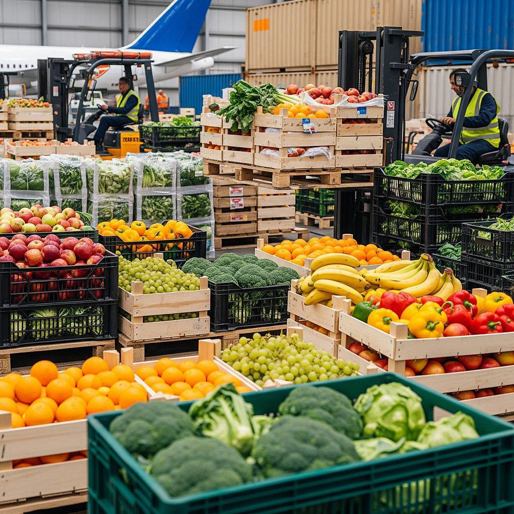 Fresh fruits and vegetables in a wholesale market for international food import, export, and cold chain logistics services.
