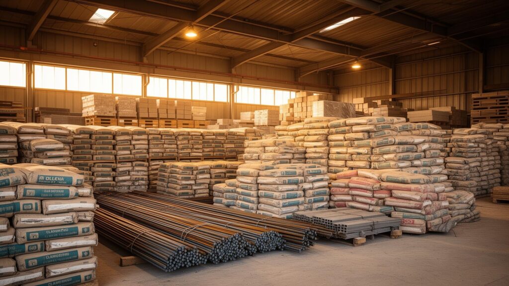 Building materials including cement bags and steel bars ready for global construction supply chain and freight transportation.