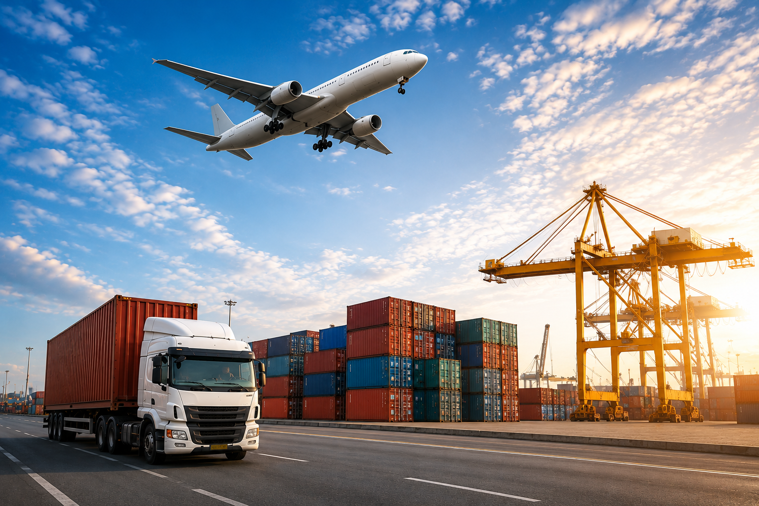 "International import and export logistics services featuring air freight, sea freight container shipping, road transportation, customs clearance, warehousing, cargo handling, and end-to-end global supply chain solutions connecting businesses worldwide."